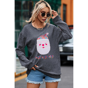 Customizable Pattern Ladies Sequin Santa Claus Graphic Crew Neck Corded Sweatshirt