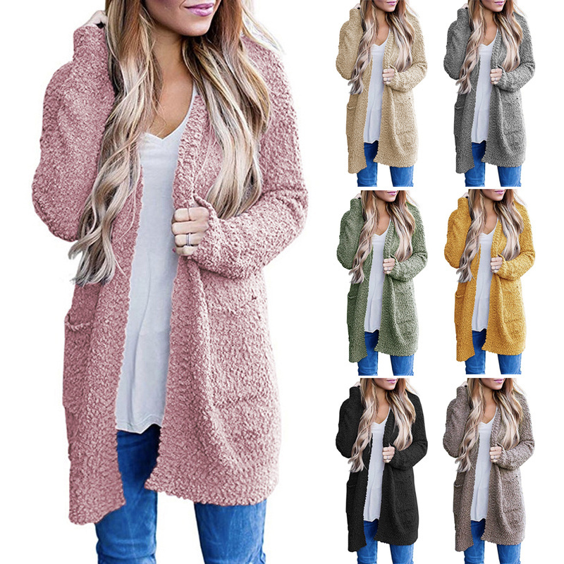 Autumn New Pink Boutique Women Knitted Long Popcorn Cardigan with Pockets