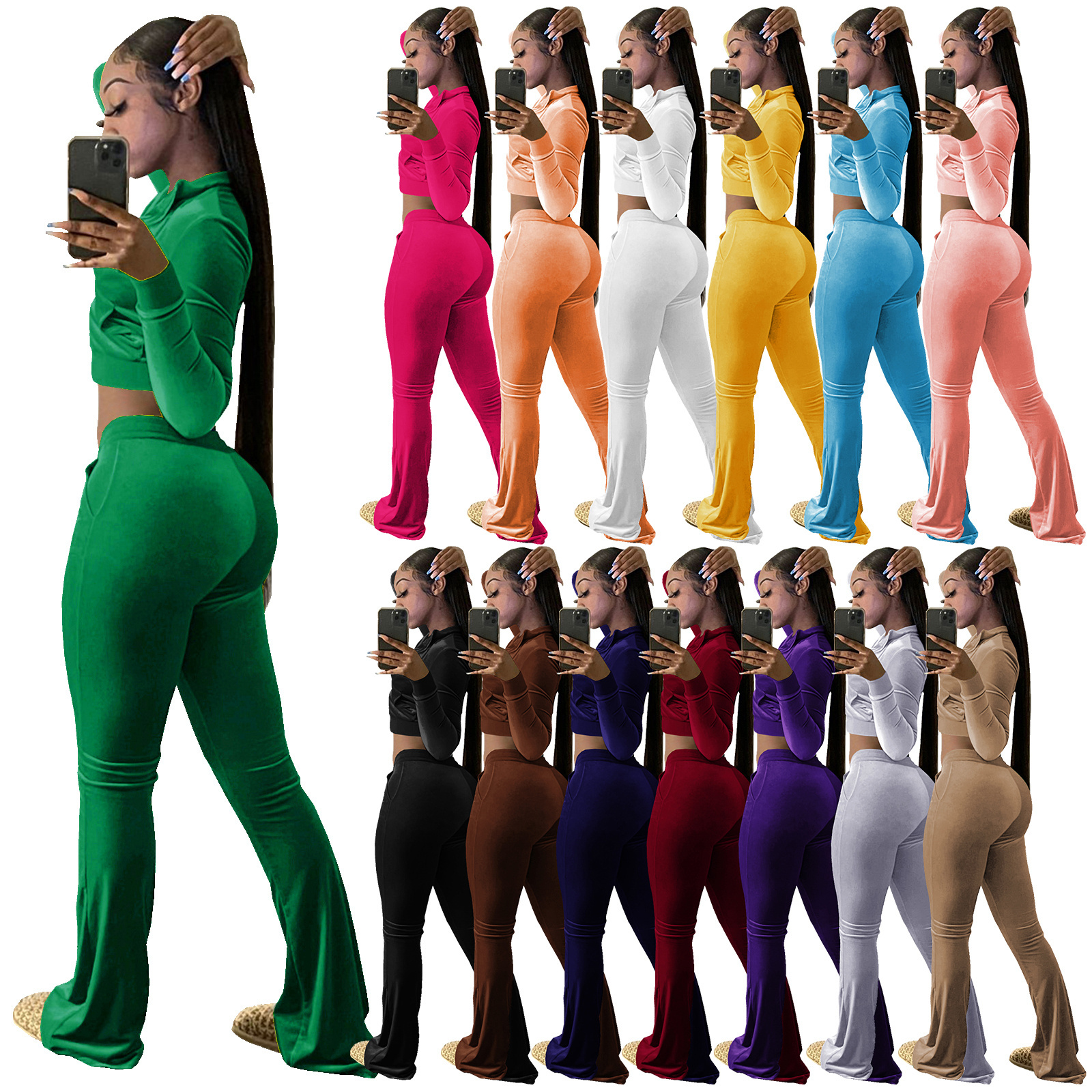 Spring Velvet Velour Tracksuits Two Piece Set Winter Women Workout Fall Sexy 2 Piece Stacked Pants Jogger Set Sweat Suits