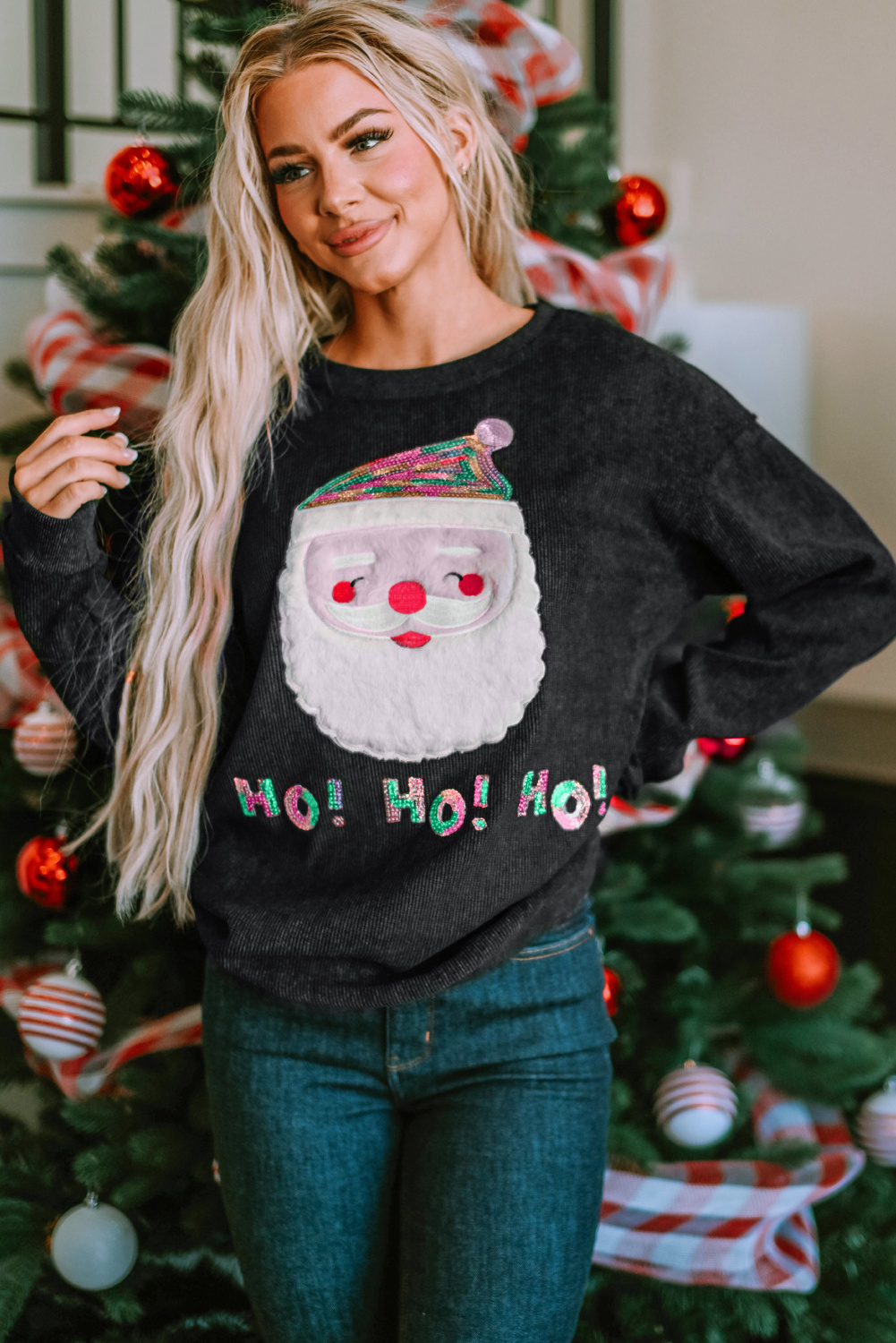 Customizable Pattern Ladies Sequin Santa Claus Graphic Crew Neck Corded Sweatshirt