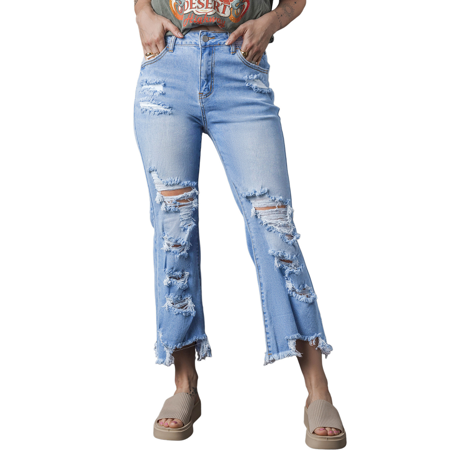 Private Label Fashion Clothes Ripped Denim Pants Heavy Destroyed Jeans Women