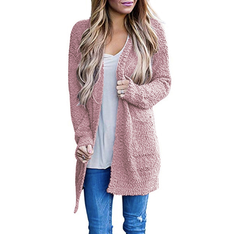 Autumn New Pink Boutique Women Knitted Long Popcorn Cardigan with Pockets