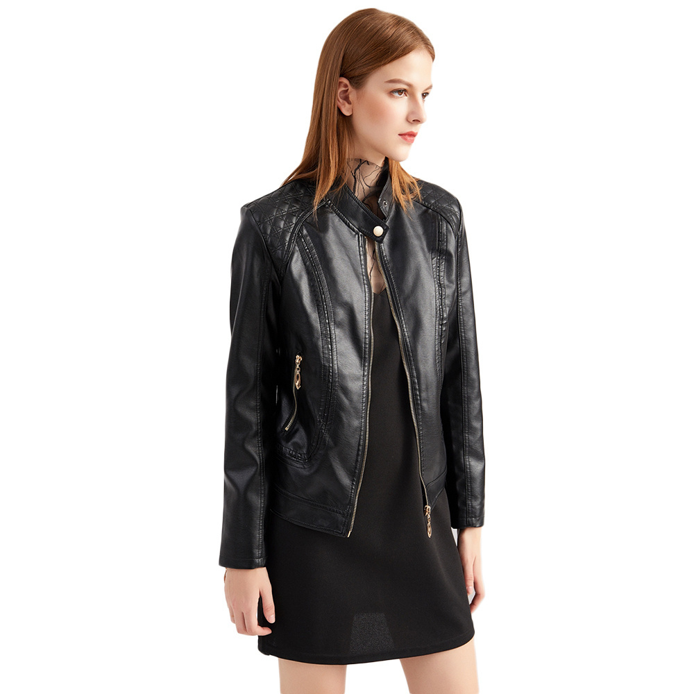 Autumn and winter women's leather jacket with plus size stand collar PU leather jacket