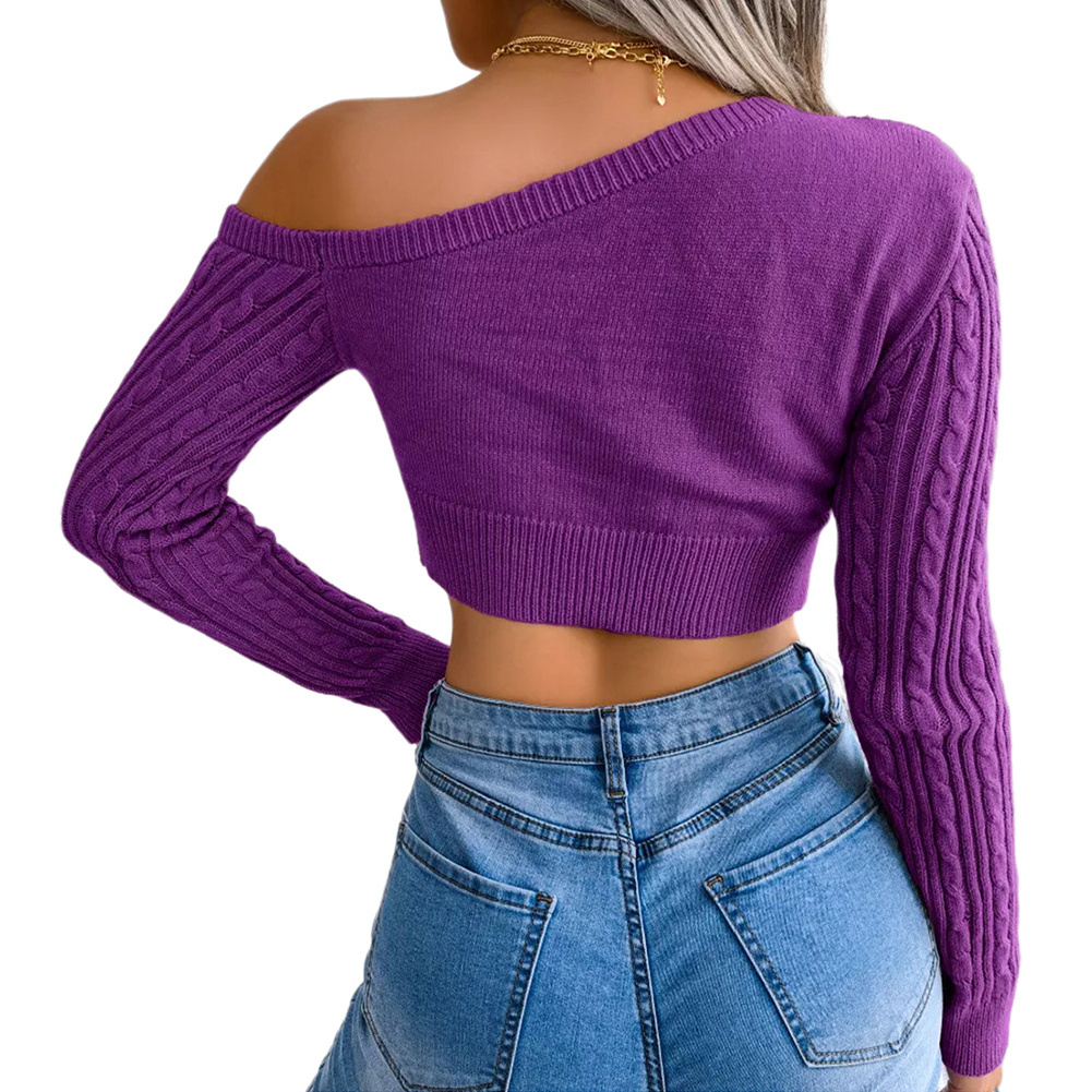 Fashion Women Long Sleeve One Shoulder Cable Knit Crop Sweater