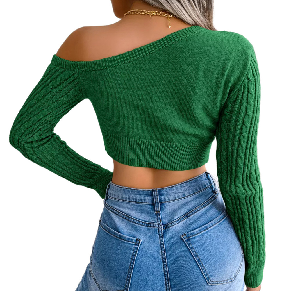 Fashion Women Long Sleeve One Shoulder Cable Knit Crop Sweater