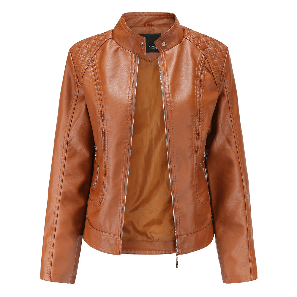 Autumn and winter women's leather jacket with plus size stand collar PU leather jacket