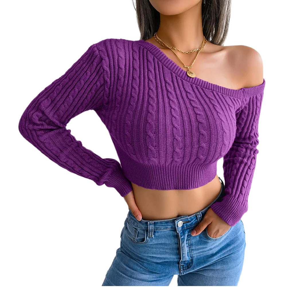 Fashion Women Long Sleeve One Shoulder Cable Knit Crop Sweater