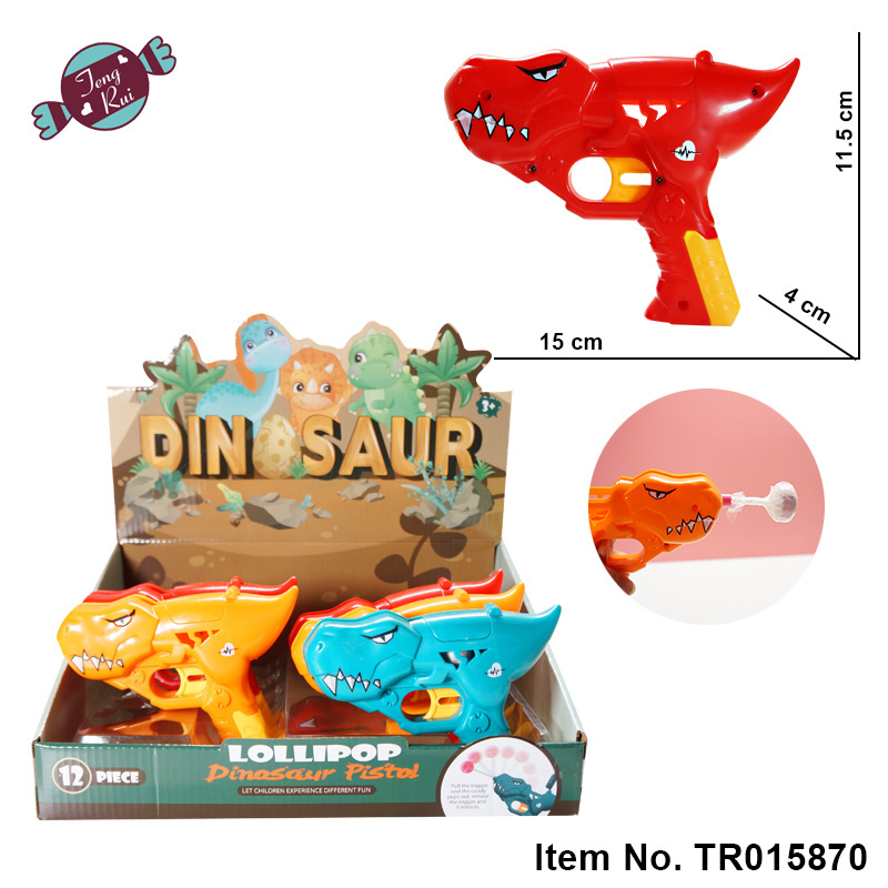 2022 best selling funny plastic dinosaur shape gun with lollipop and candy toys candy for boys and girls