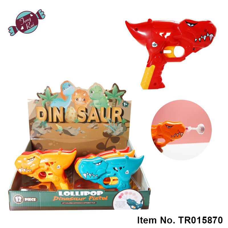 2022 best selling funny plastic dinosaur shape gun with lollipop and candy toys candy for boys and girls