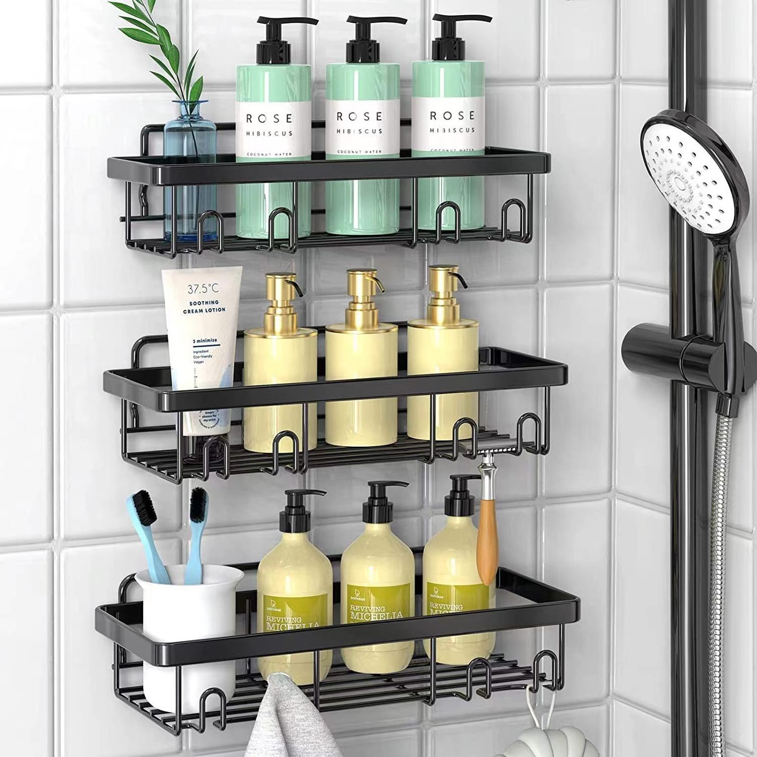 Shower Caddy Shelves Organizer Rack 4 PCS Set Self-Adhesive Black Bathroom Shelves Basket