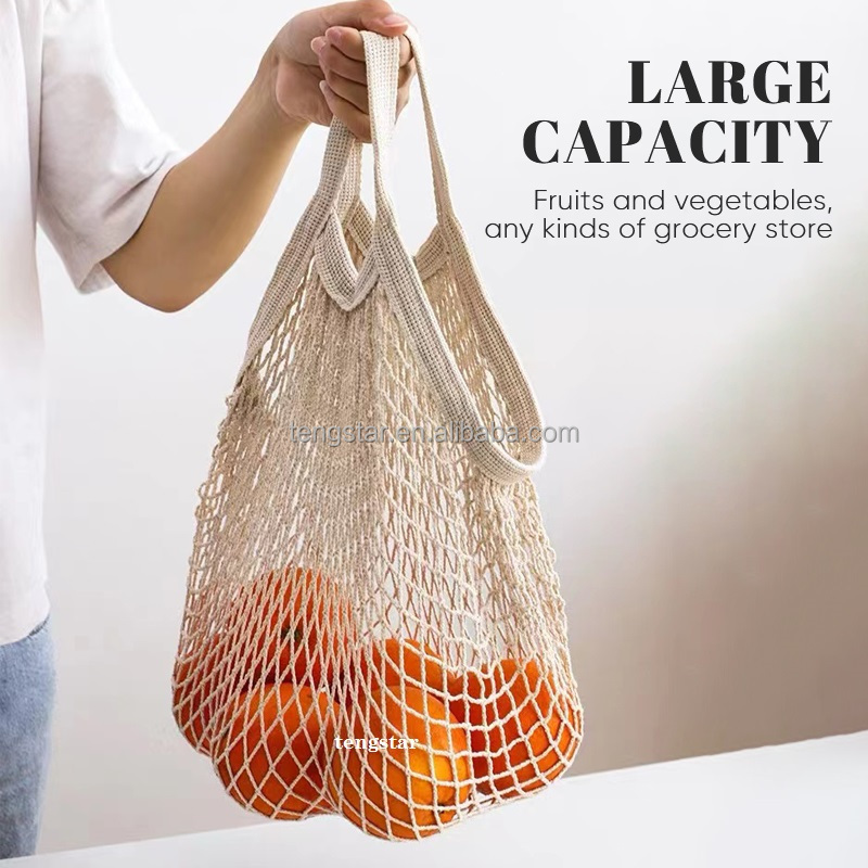 ECO Reusable Biodegradable Customized Organic Cotton Mesh Large Grocery Shopping Net Produce Tote Bag For Fruits Vegetables