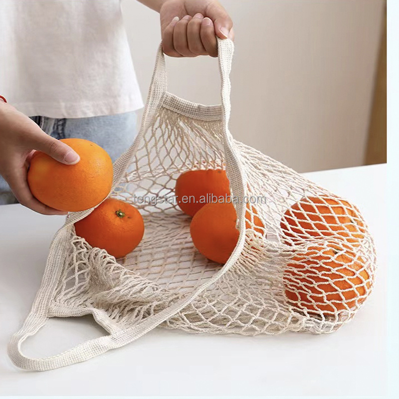 ECO Reusable Biodegradable Customized Organic Cotton Mesh Large Grocery Shopping Net Produce Tote Bag For Fruits Vegetables