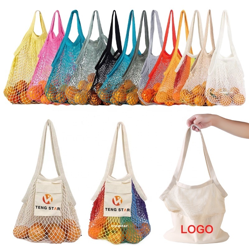 ECO Reusable Biodegradable Customized Organic Cotton Mesh Large Grocery Shopping Net Produce Tote Bag For Fruits Vegetables