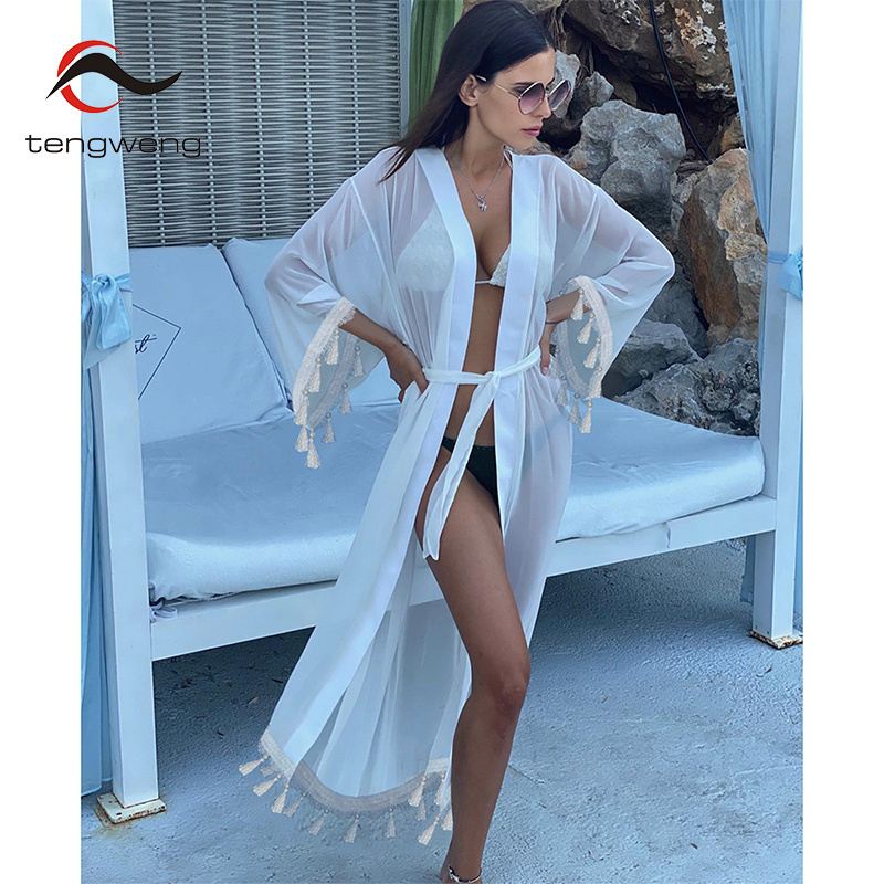 TW Bikini smock long sleeved swimsuit with tassel mesh white beach bikini cover up