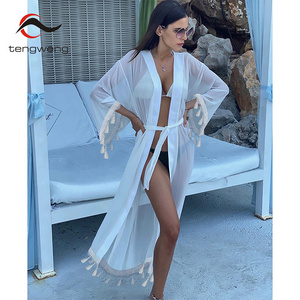 TW Bikini smock long sleeved swimsuit with tassel mesh white beach bikini cover up