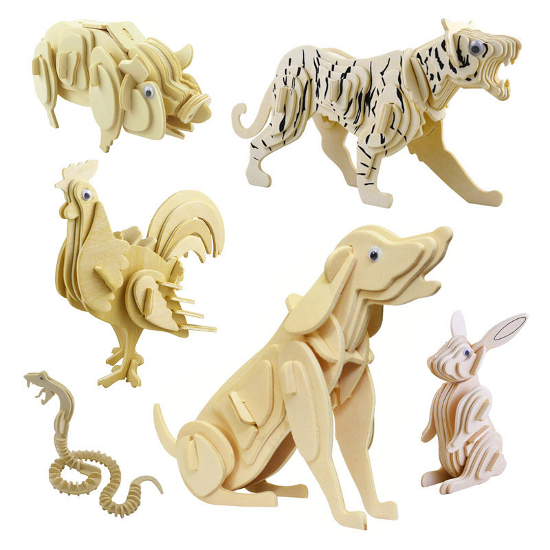 Wholesale Wooden Puzzles Toys Chinese Zodiac Animal Educational Crafts DIY 3D Wooden Puzzle