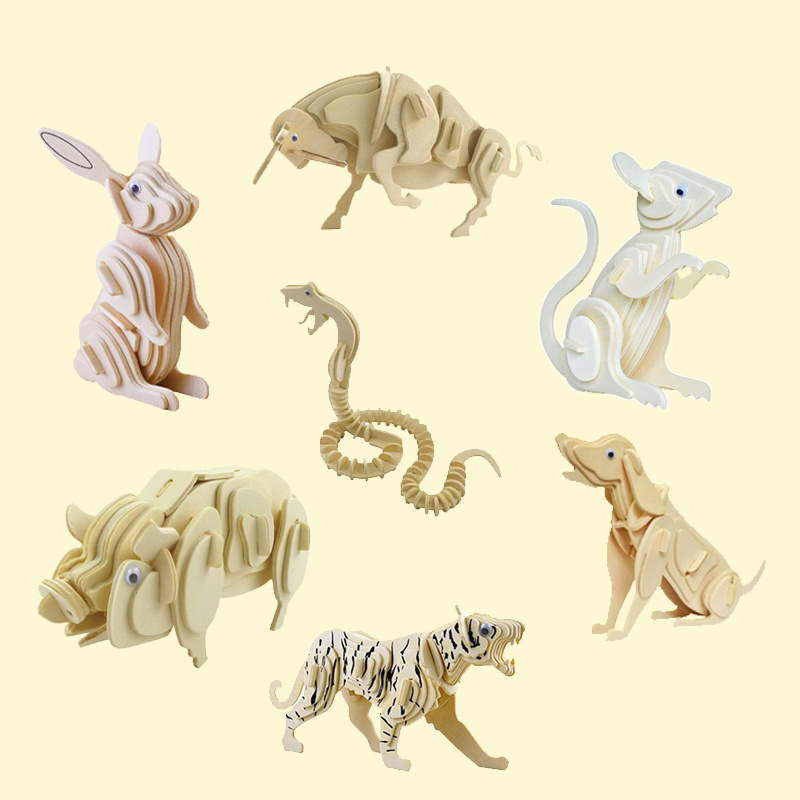 Wholesale Wooden Puzzles Toys Chinese Zodiac Animal Educational Crafts DIY 3D Wooden Puzzle