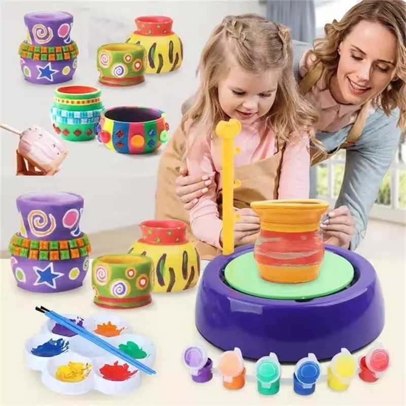 Kids mini pottery wheel toy Ceramic Machine Craft Activity Artist Studio with Air-Dry Clay