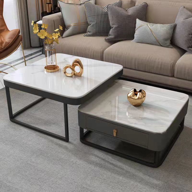 Luxury Living Room Center Carbon Steel Metal Frame Tempered Reinforced Glass Sintered Stone Top Modern Coffee Table