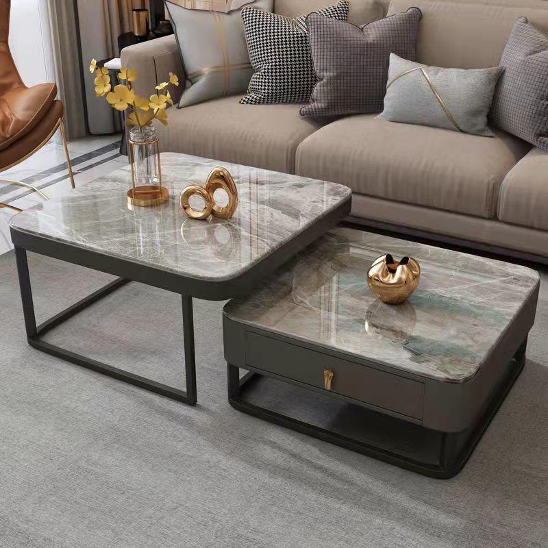 Luxury Living Room Center Carbon Steel Metal Frame Tempered Reinforced Glass Sintered Stone Top Modern Coffee Table