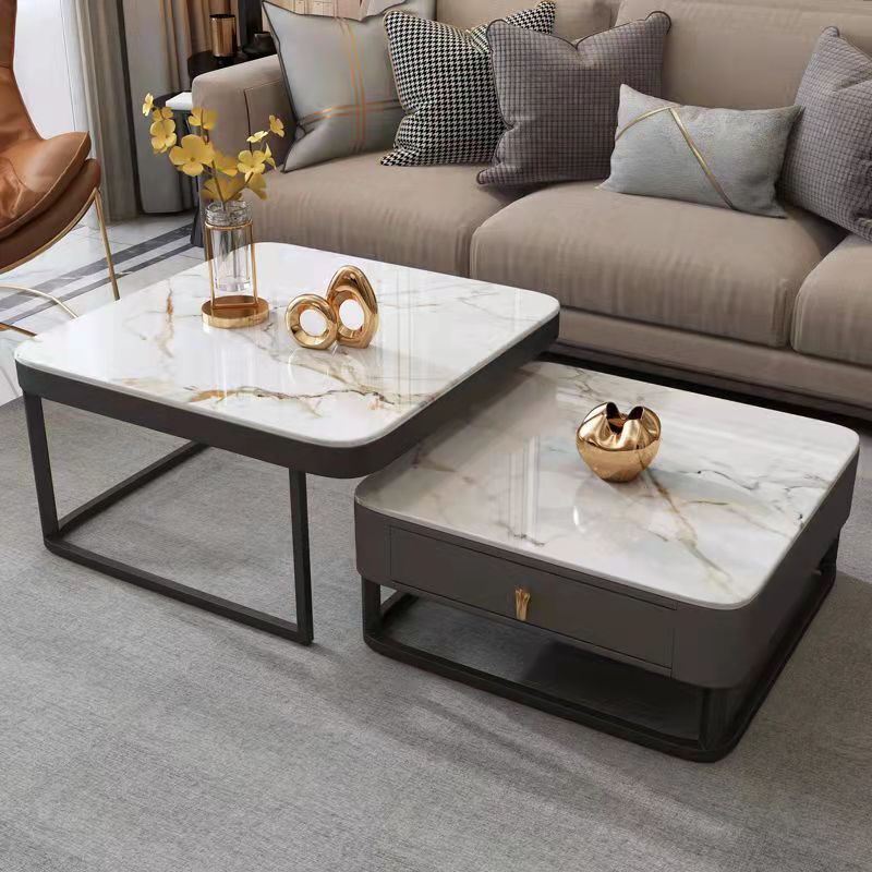 Luxury Living Room Center Carbon Steel Metal Frame Tempered Reinforced Glass Sintered Stone Top Modern Coffee Table