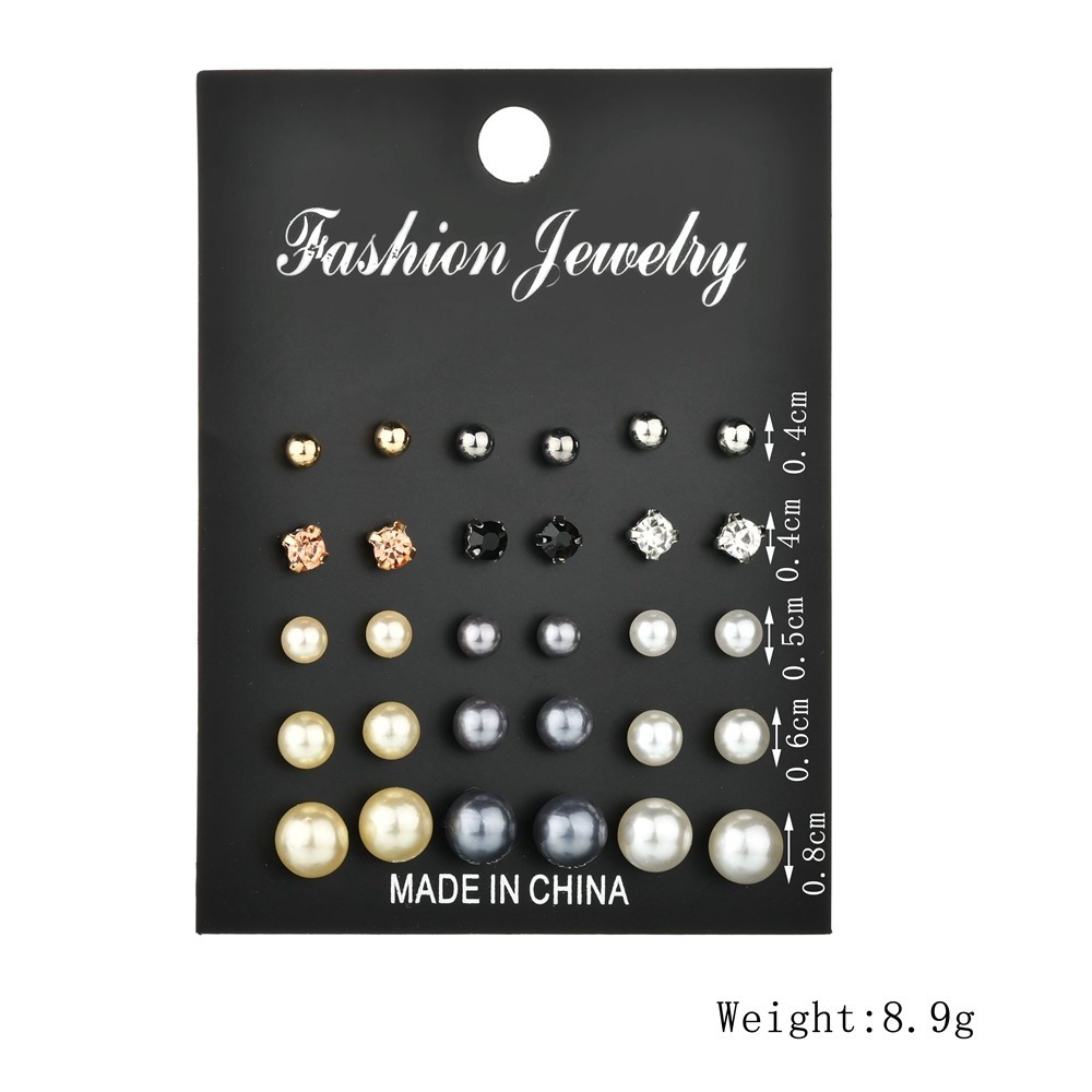 15 Pairs/set Classic Multiple Sizes Round Ball Resin Pearl Earrings For Women Girl Gifts Crystal Stud Earring Sets Mix