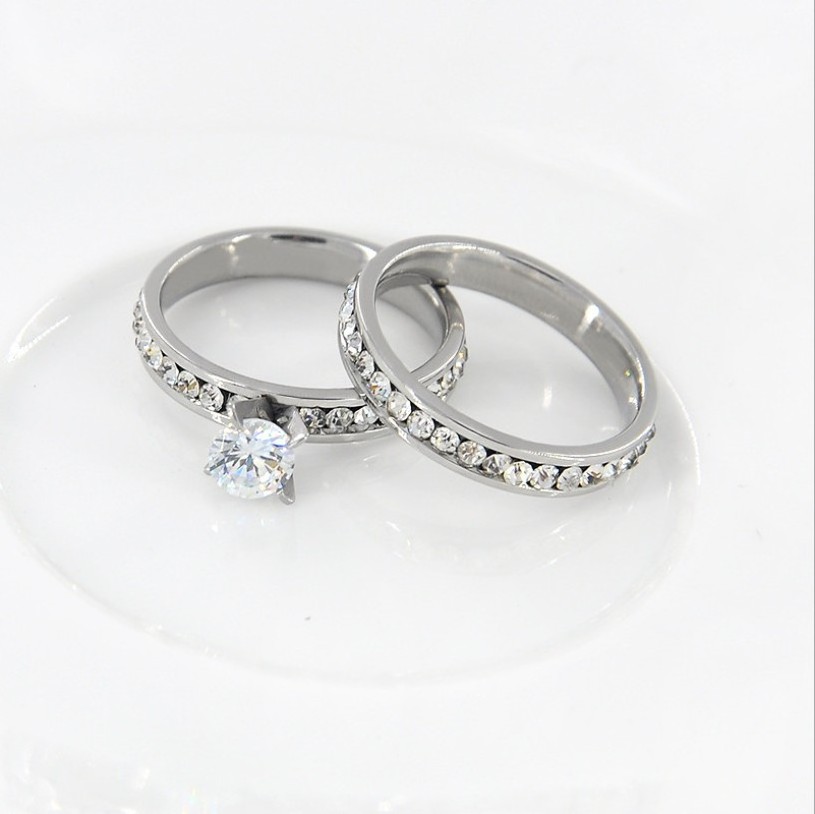 Wholesale Crystal Couple Jewelry Stainless Steel Gold Bridal Wedding Ring Set for Couple