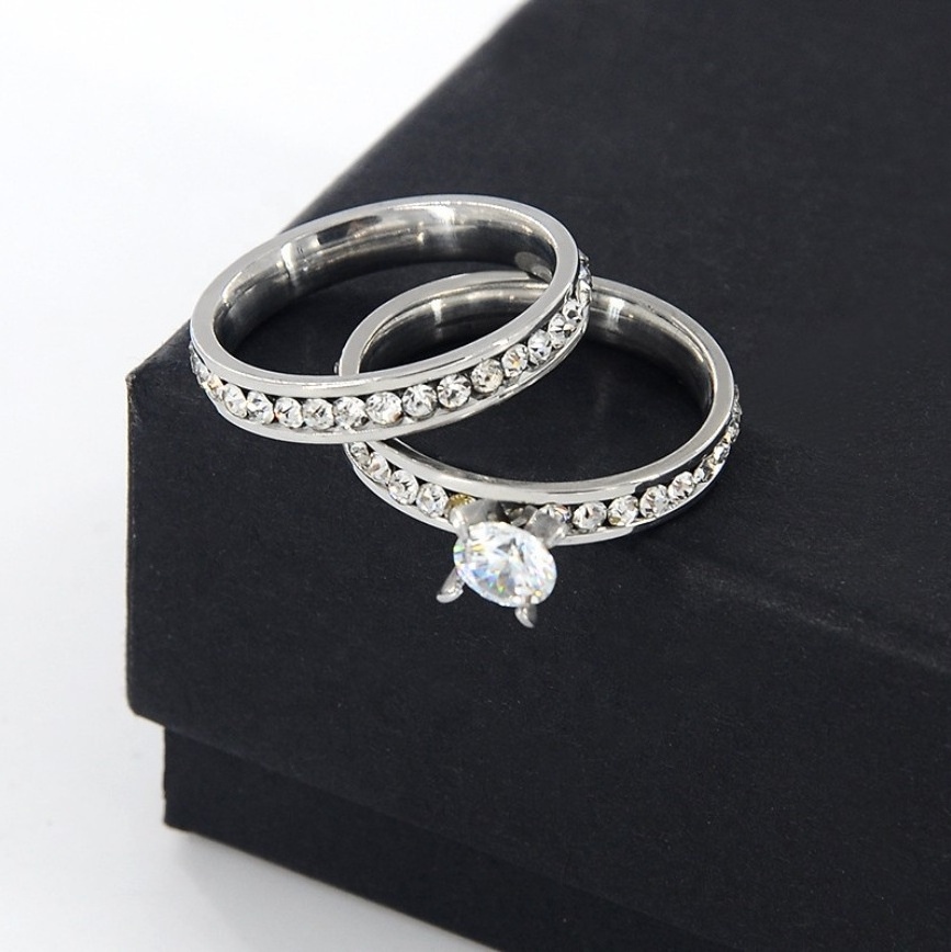 Wholesale Crystal Couple Jewelry Stainless Steel Gold Bridal Wedding Ring Set for Couple