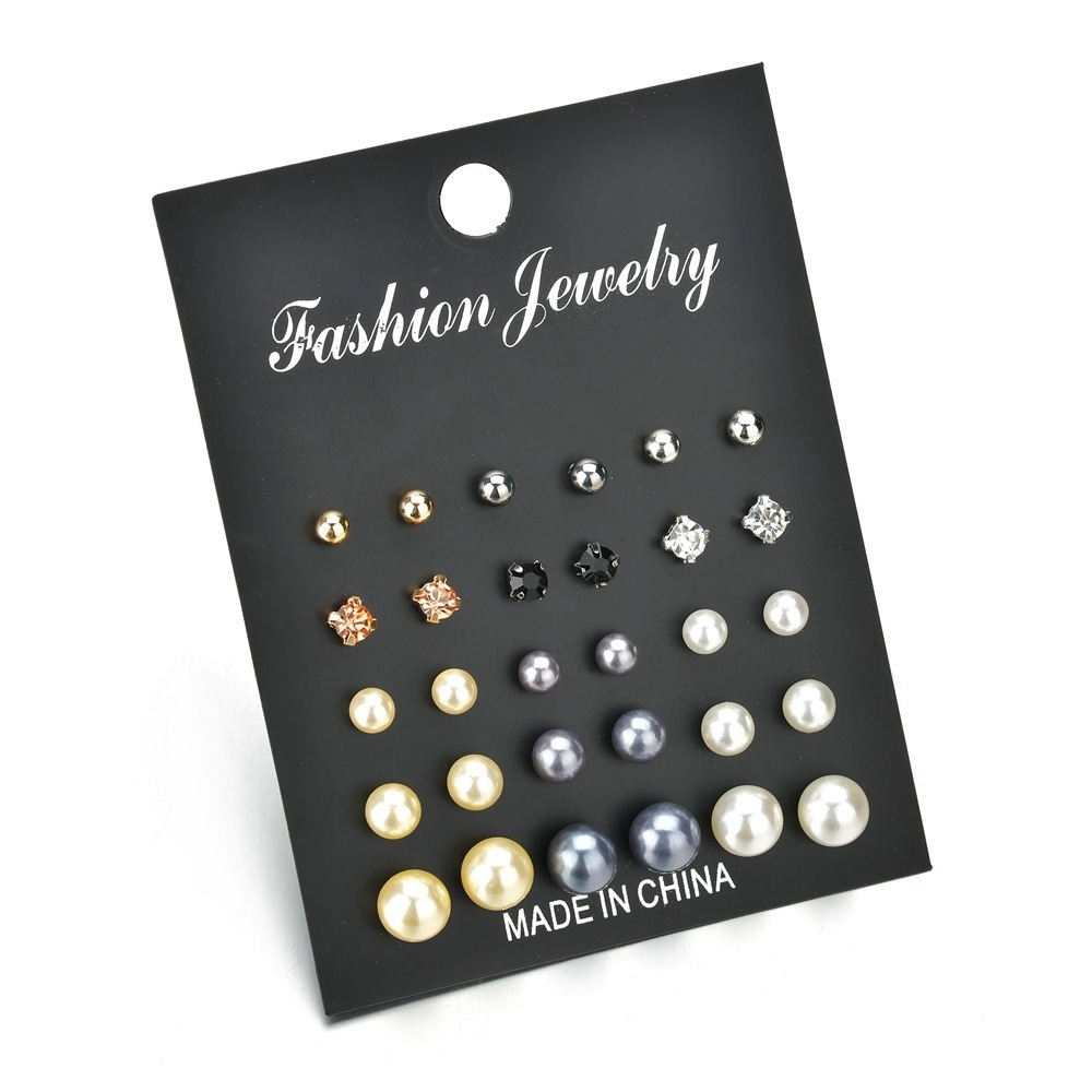 15 Pairs/set Classic Multiple Sizes Round Ball Resin Pearl Earrings For Women Girl Gifts Crystal Stud Earring Sets Mix