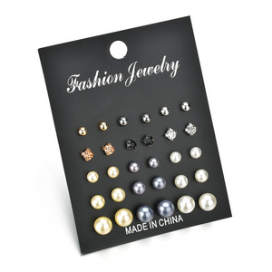 15 Pairs/set Classic Multiple Sizes Round Ball Resin Pearl Earrings For Women Girl Gifts Crystal Stud Earring Sets Mix