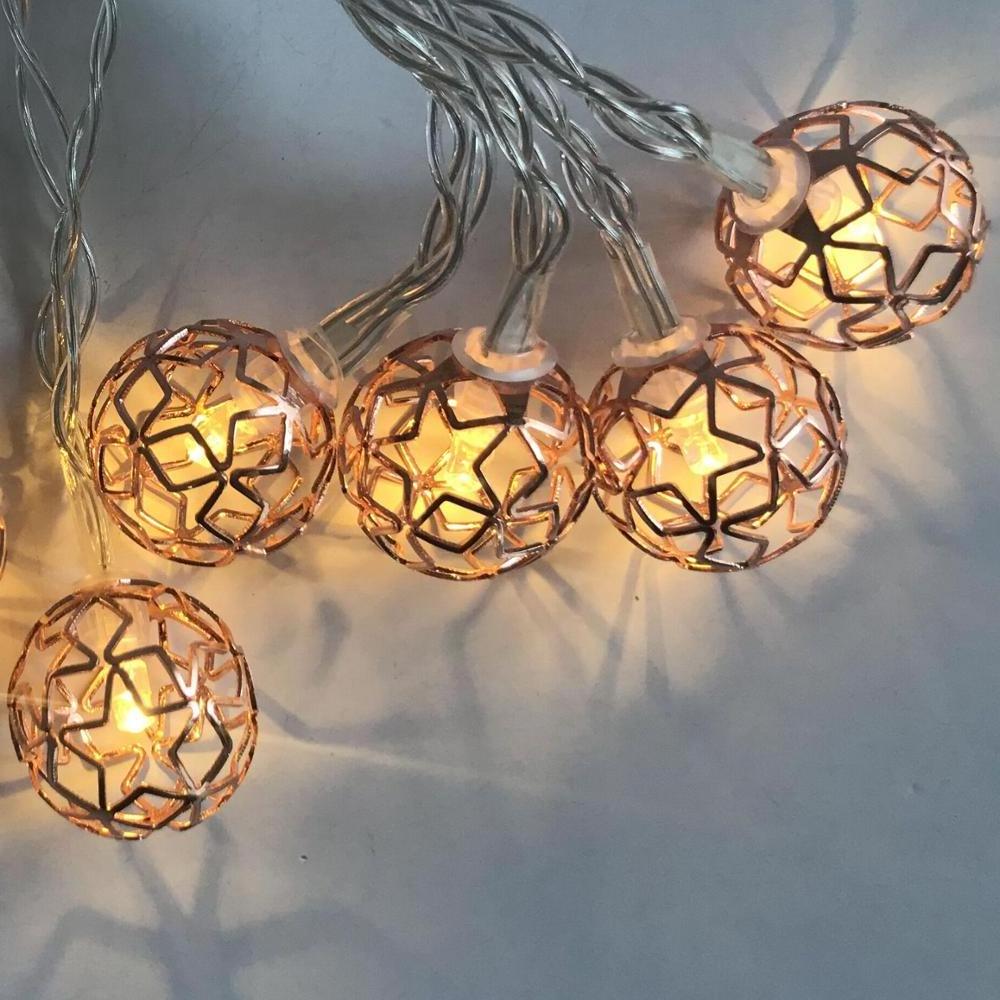 Ramadan Christmas Festival Decorative LED Rose Gold Metal Ball Light String Battery Operated Moroccan Ball Lantern Light