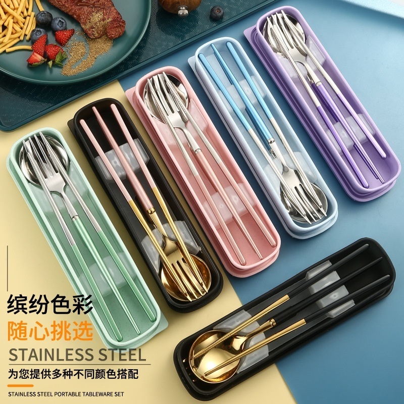 Bulk Camping Metal Silver Dessert Spoon Fork and Chopsticks Besteck Eating Utensil Set Travel Cutlery Set In Pouch/Case