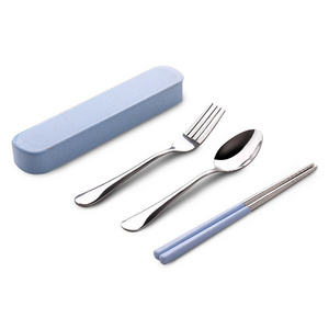 Bulk Camping Metal Silver Dessert Spoon Fork and Chopsticks Besteck Eating Utensil Set Travel Cutlery Set In Pouch/Case