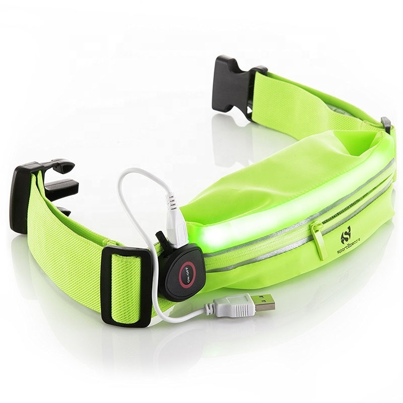 Waterproof USB Rechargeable Sport Waist Bag with Zipper Multi Purpose Reflective LED Running Belt Lights Up