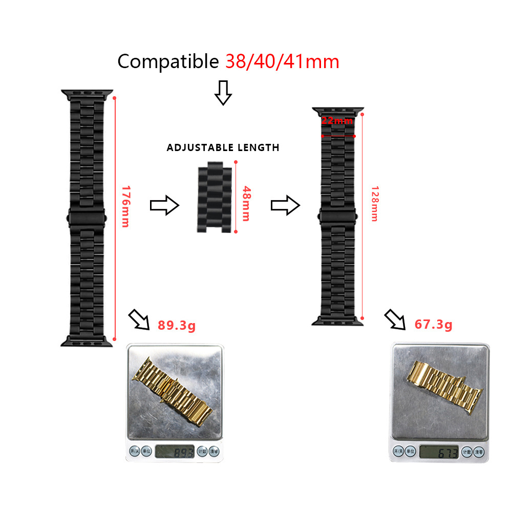 LOGO Custom Three Strains Gold 304 Stainless Steel Metal Watch Strap Band For Apple iWatch Ultra 8 7 6 5 4 3 2 1