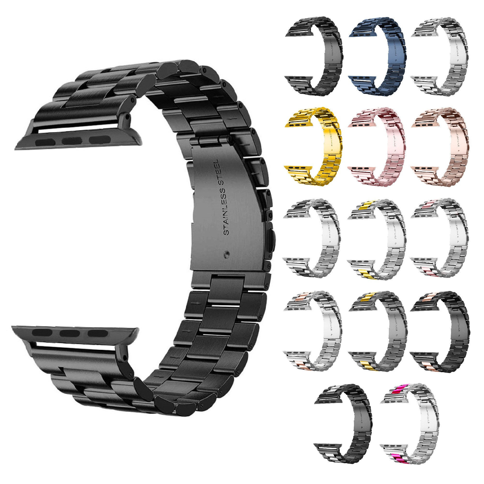 LOGO Custom Three Strains Gold 304 Stainless Steel Metal Watch Strap Band For Apple iWatch Ultra 8 7 6 5 4 3 2 1