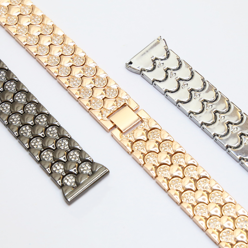 Fish Scale Pattern Double Diamond Metal Stainless Steel Watch Strap Band For Apple iWatch Series