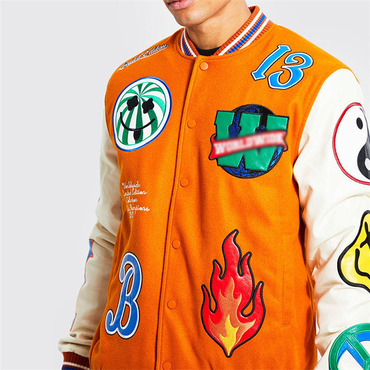 Wholesale Baseball Letterman Jackets Men Custom Logo Embroidery Vintage Blank Orange Leather Sleeve Varsity Jacket