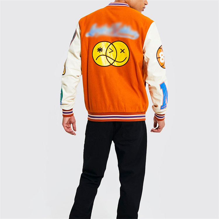 Wholesale Baseball Letterman Jackets Men Custom Logo Embroidery Vintage Blank Orange Leather Sleeve Varsity Jacket