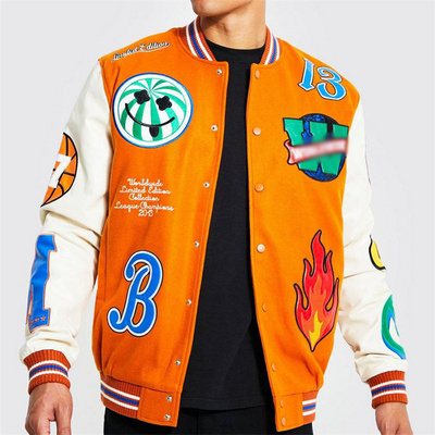 Wholesale Baseball Letterman Jackets Men Custom Logo Embroidery Vintage Blank Orange Leather Sleeve Varsity Jacket