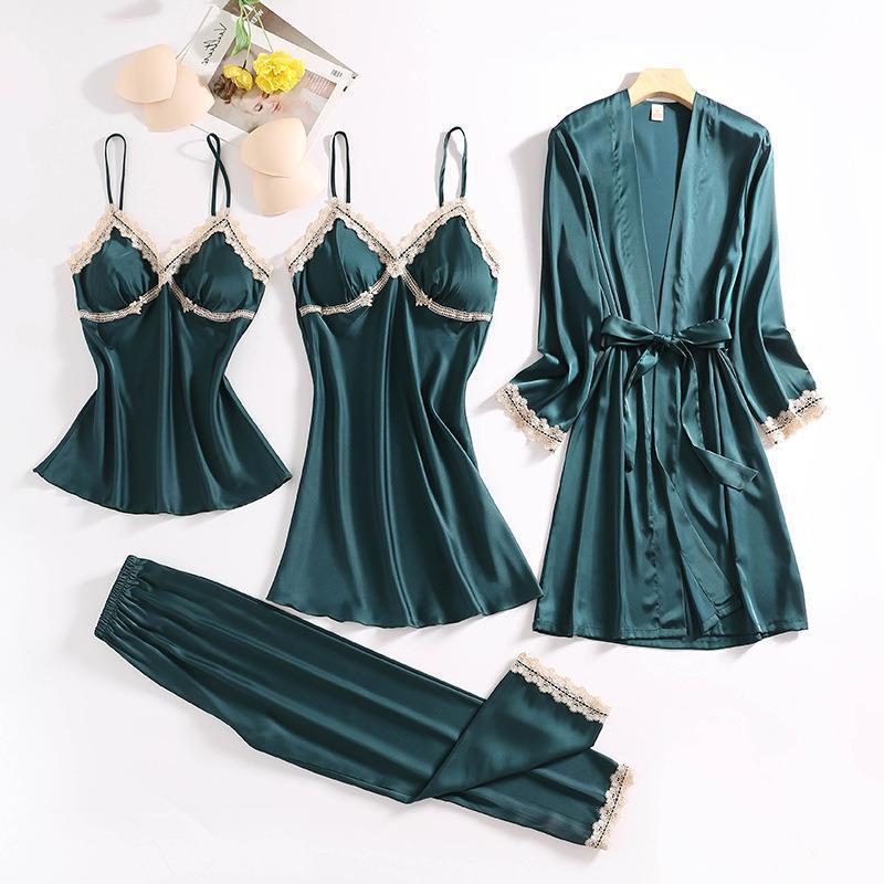 Factory Wholesale High Quality Pyjamas Set Ladies Satin Silk Sleepwear 4 Pieces Pajamas Set For Women Robe Fille