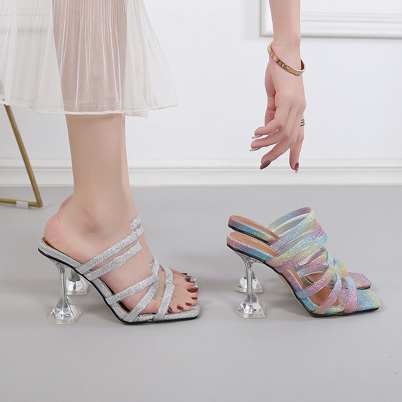 New fashion large size clear crystal heels cross rainbow strap open toe stiletto high heels women's sandals diamond shoes party