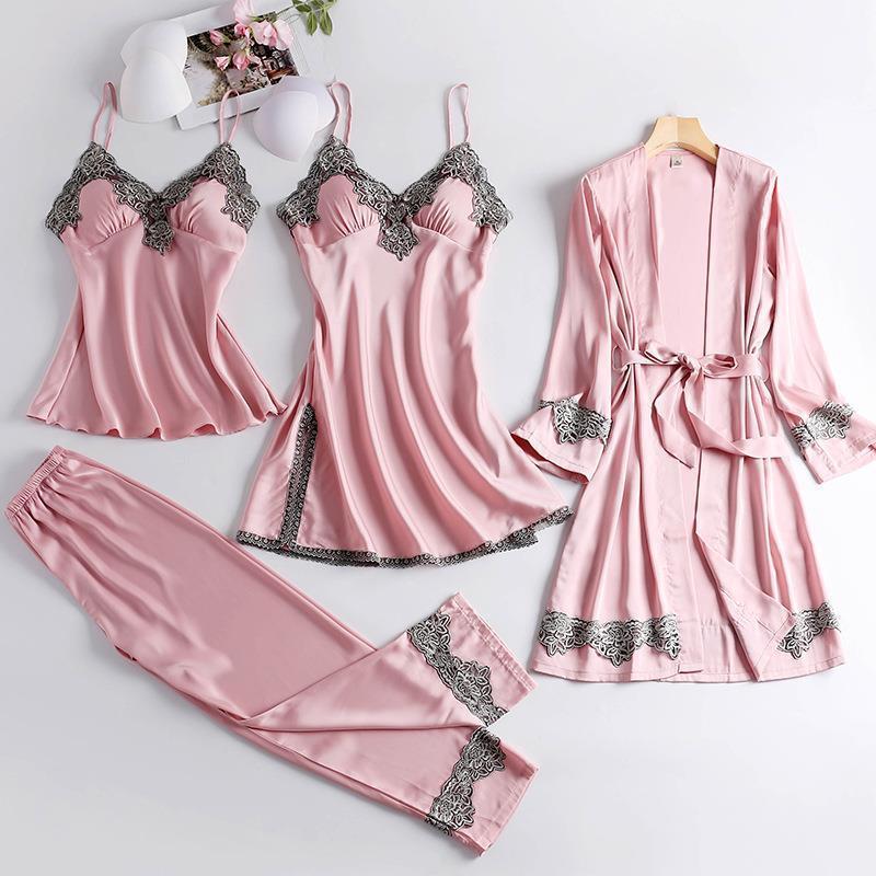 Factory Wholesale High Quality Pyjamas Set Ladies Satin Silk Sleepwear 4 Pieces Pajamas Set For Women Robe Fille