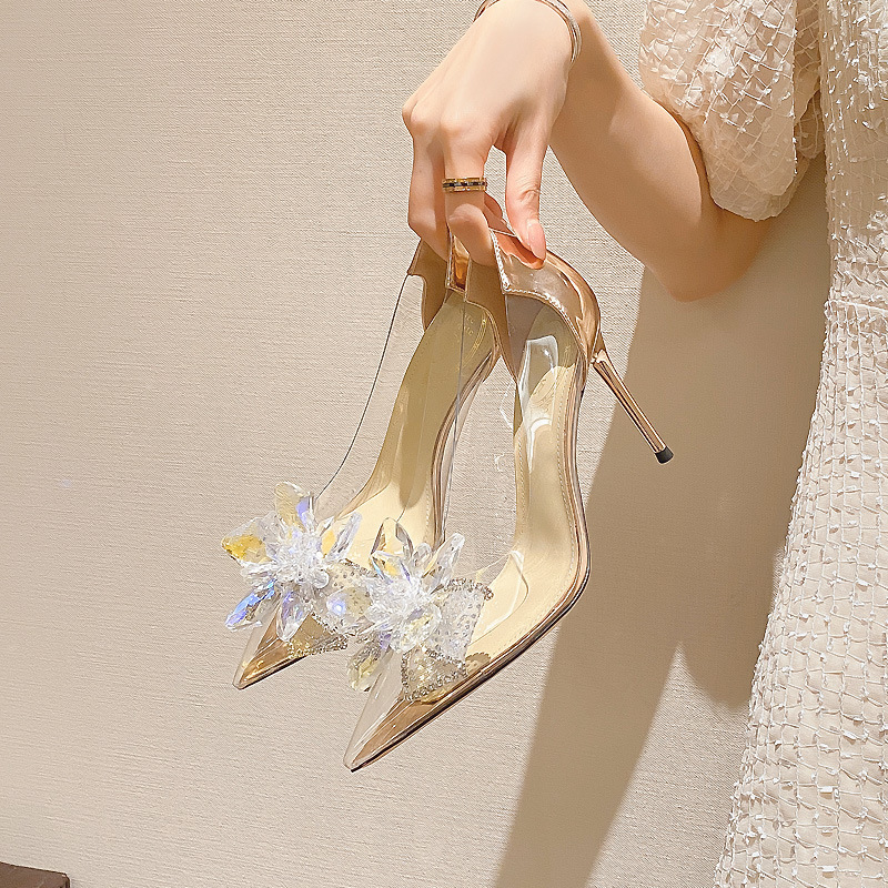 Luxury Crystal Wedding Shoes Design Pointed Toe Dress Pvc Transparent High Heels Pumps For Women