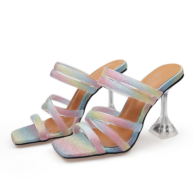 New fashion large size clear crystal heels cross rainbow strap open toe stiletto high heels women's sandals diamond shoes party