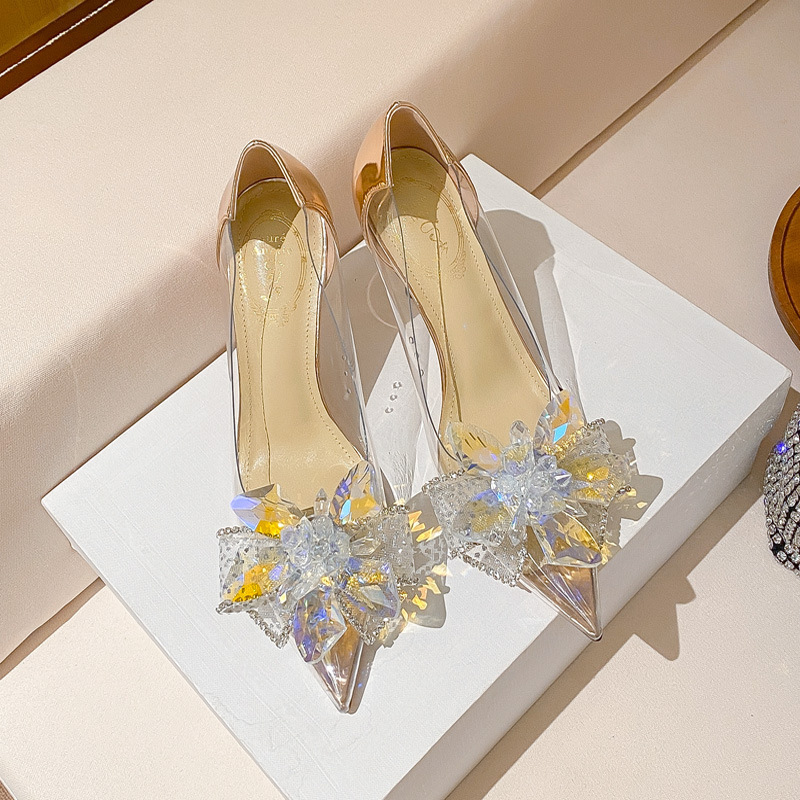 Luxury Crystal Wedding Shoes Design Pointed Toe Dress Pvc Transparent High Heels Pumps For Women