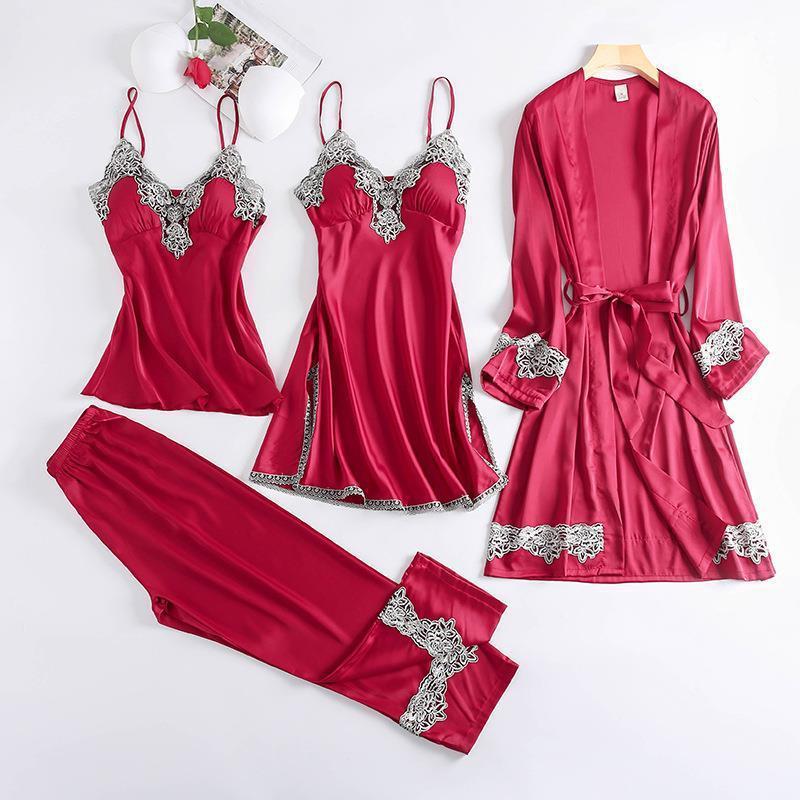 Factory Wholesale High Quality Pyjamas Set Ladies Satin Silk Sleepwear 4 Pieces Pajamas Set For Women Robe Fille