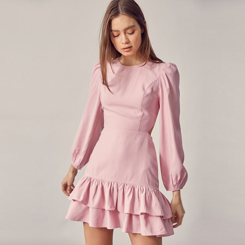 Custom Women Stylish Satin Mini Dress Long Puff Sleeve Sexy Lace Up Hollow Out Back Elegant Pink Ruffle Dress