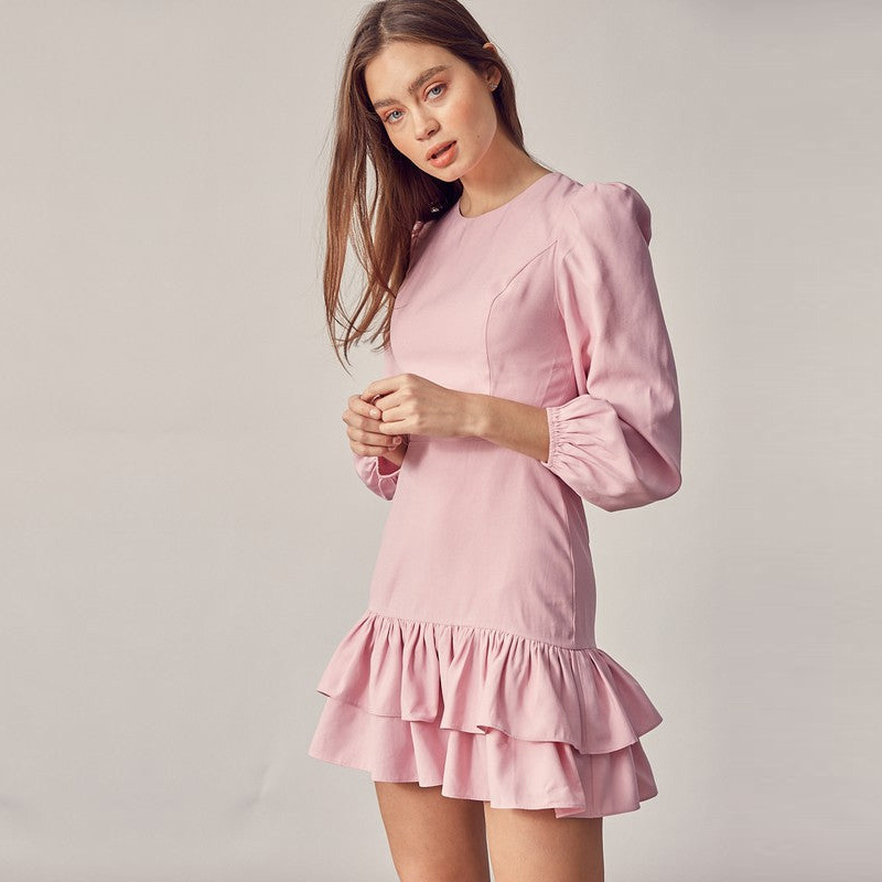 Custom Women Stylish Satin Mini Dress Long Puff Sleeve Sexy Lace Up Hollow Out Back Elegant Pink Ruffle Dress