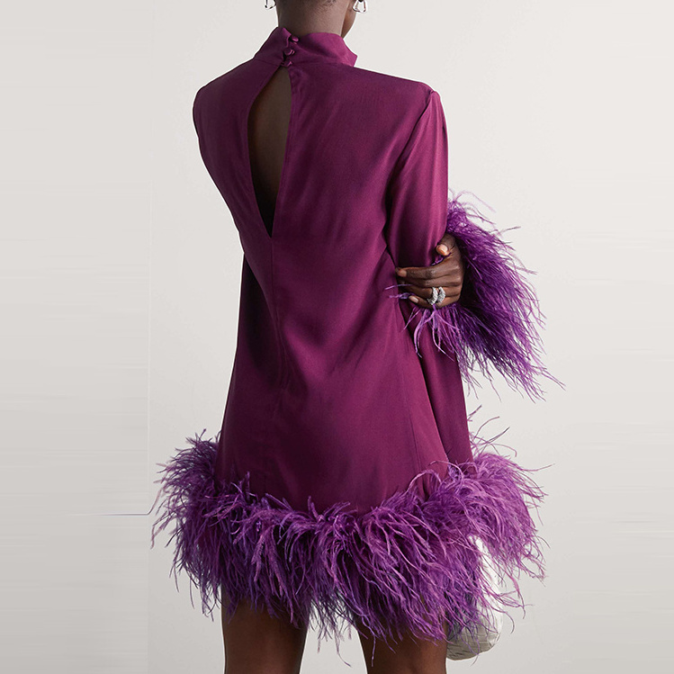 Factory Custom OEM Lady Elegant Purple Long Sleeve Fall Cut Out Women Mini Dress with Ostrich Feather Trim